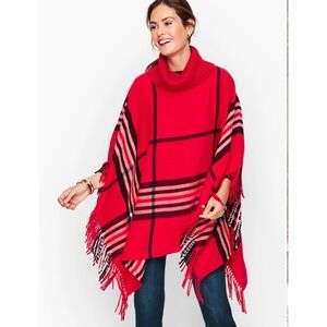Talbots Women's Red Plaid Poncho Cape w/Fringe & Turtleneck Sweater Sz M/L